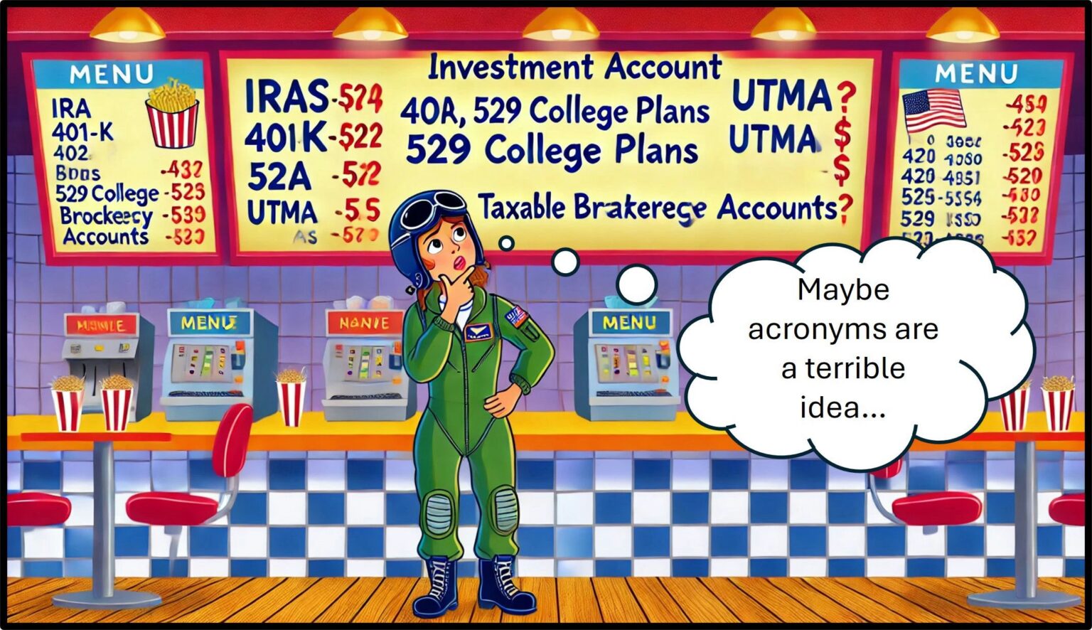 Cartoon of woman standing in front of at fast food counter with a menu behind her showing different investing account types