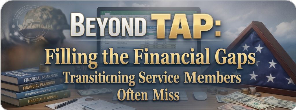 Image of military gear and shadow box with Beyond TAP: Filling the Financial Gaps Transitioning Service Members Often Miss