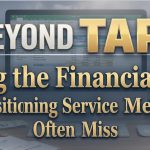Image of military gear and shadow box with Beyond TAP: Filling the Financial Gaps Transitioning Service Members Often Miss